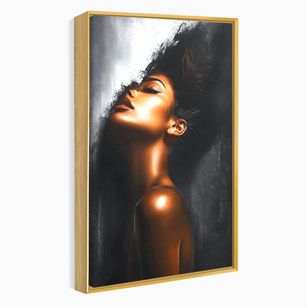 Tablou canvas cu tablou canvas cu portretul unei femei, in rama de aluminiu auriu